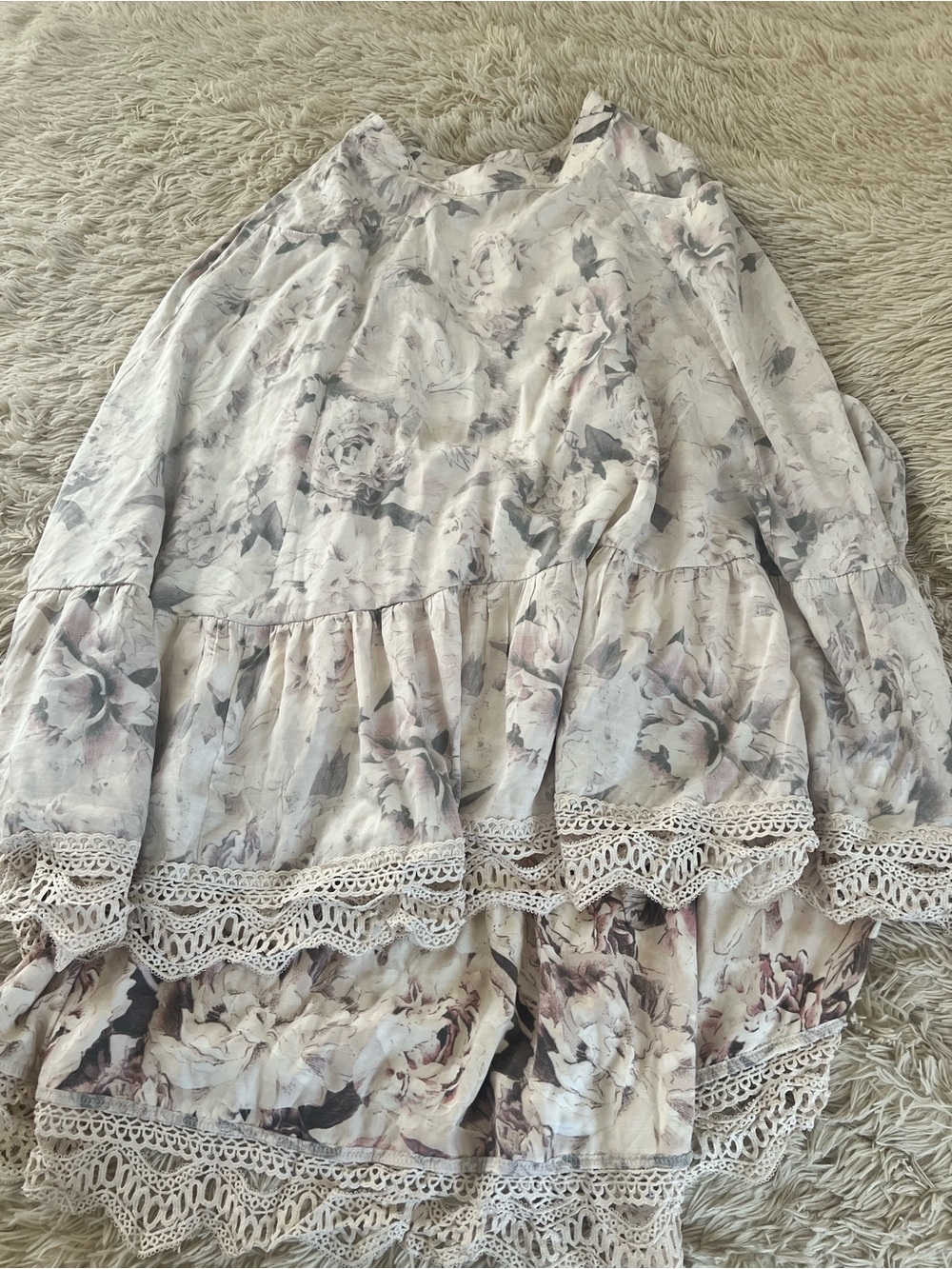 Joyfolie Cream and Blush Floral Maxi Skirt with Lace Trim